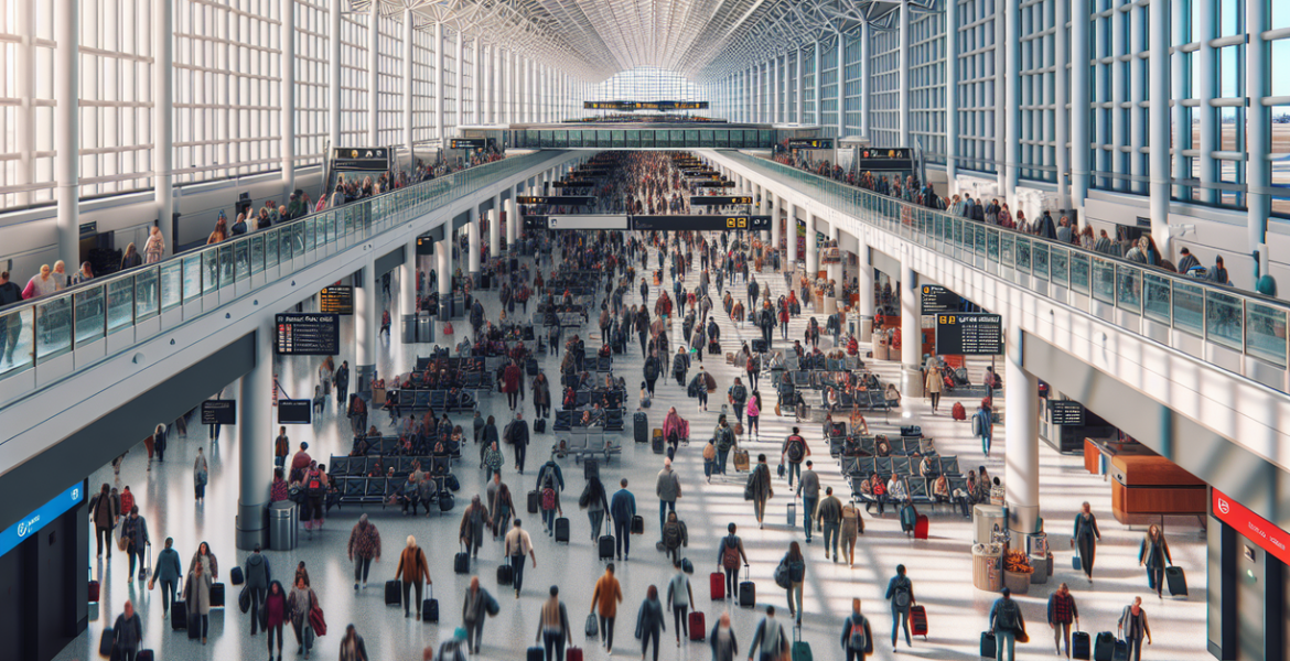 alt_text: Crowded Chicago airport terminal bustling with travelers during the holiday season.