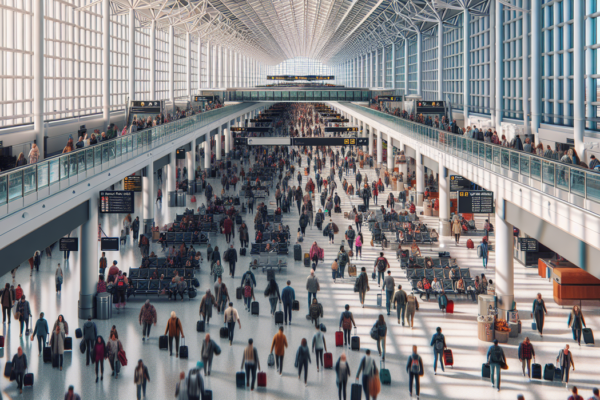alt_text: Crowded Chicago airport terminal bustling with travelers during the holiday season.