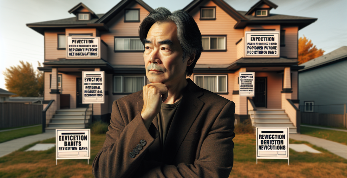 alt_text: People protesting eviction policies with signs reading "Housing is a Human Right" in a city.