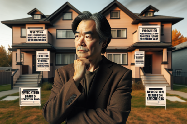 alt_text: People protesting eviction policies with signs reading "Housing is a Human Right" in a city.