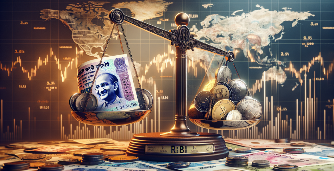alt_text: "RBI emblem beside a rupee symbol with global currency icons representing forex context."