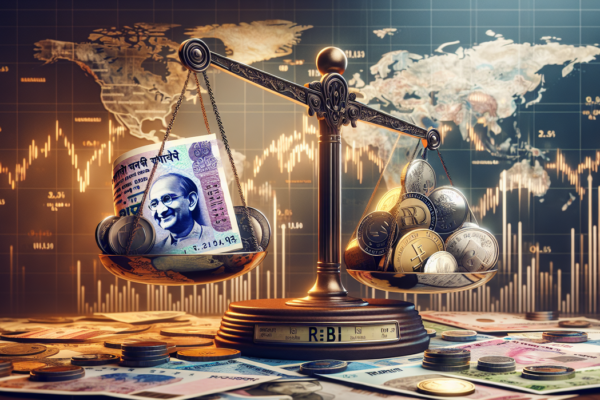 alt_text: "RBI emblem beside a rupee symbol with global currency icons representing forex context."