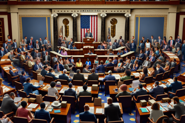 alt_text: People debating in a room, sunlight streaming through windows, casting long shadows.