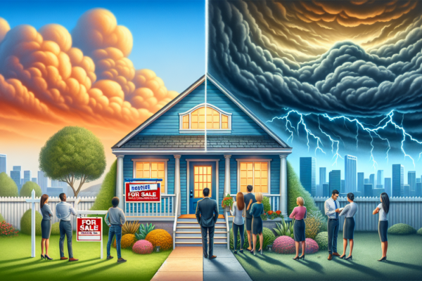 alt_text: A businessman looks stressed, surrounded by mortgage papers and fluctuating market charts.