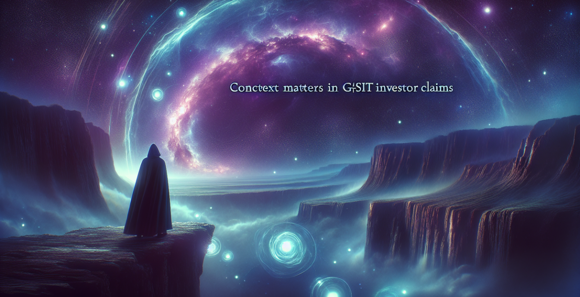 alt_text: "Sign reads 'Context Matters in GSIT Investor Claims' against a blurred financial report backdrop."