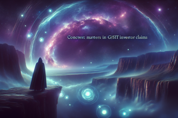 alt_text: "Sign reads 'Context Matters in GSIT Investor Claims' against a blurred financial report backdrop."