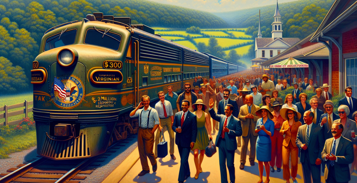 alt_text: A train on rails travels through a lush, green landscape under a clear blue sky.