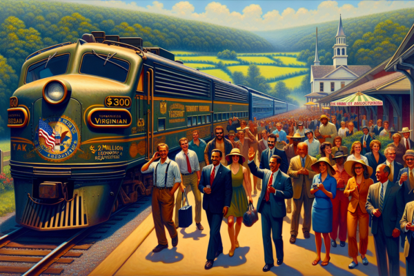 alt_text: A train on rails travels through a lush, green landscape under a clear blue sky.