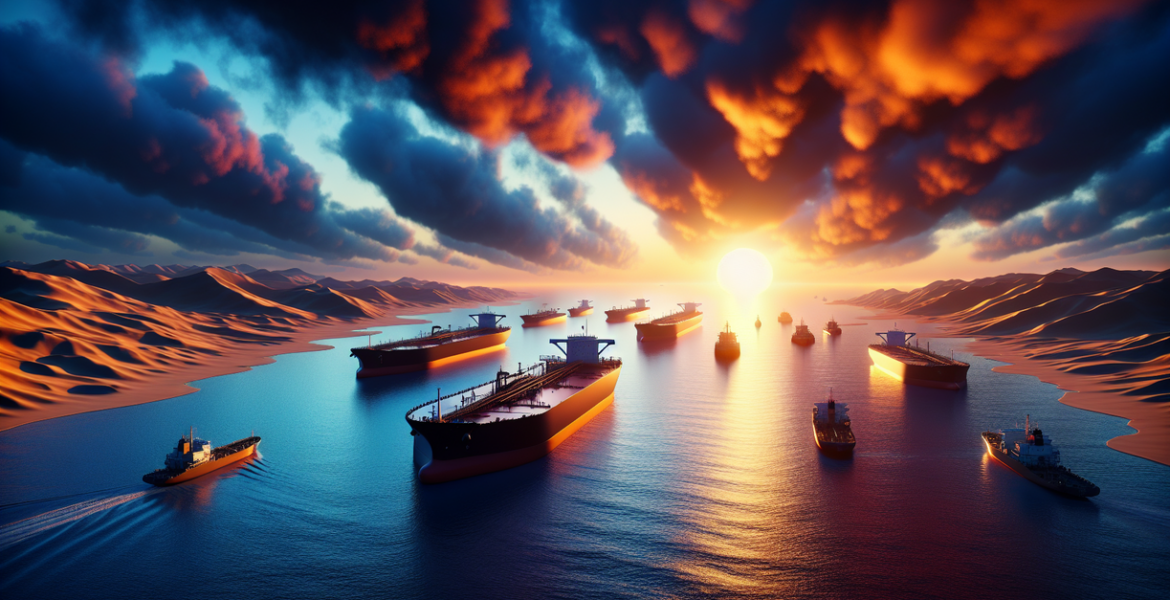 alt_text: Oil rig at sunset with headlines about market tensions and fluctuating prices.