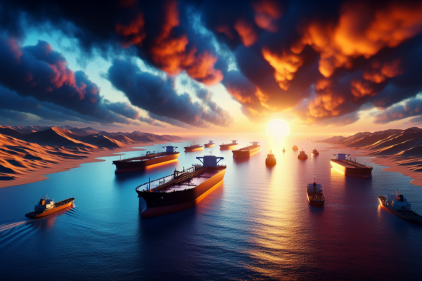 alt_text: Oil rig at sunset with headlines about market tensions and fluctuating prices.