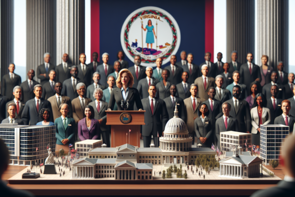 alt_text: Governor Spanberger speaking at a podium, addressing business leaders in Virginia.