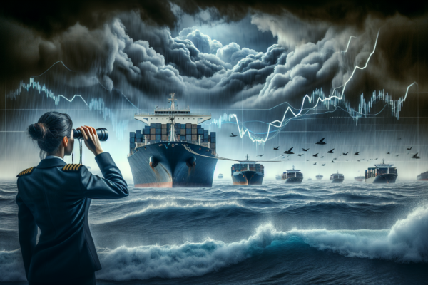 "alt_text": "Cargo ships at port crossroads, navigating complex global shipping routes."